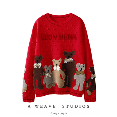 羊绒衫女小熊圆领宽松针织毛衣冬