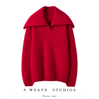 SQN精致慵懒随意！〓绒+〓拉链大翻领阔袖粗针羊绒毛衣女2025冬