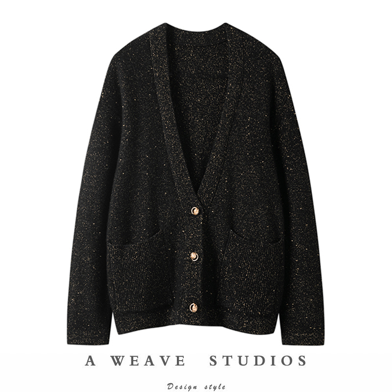 衫v领外搭宽松开叉亮丝羊绒针织