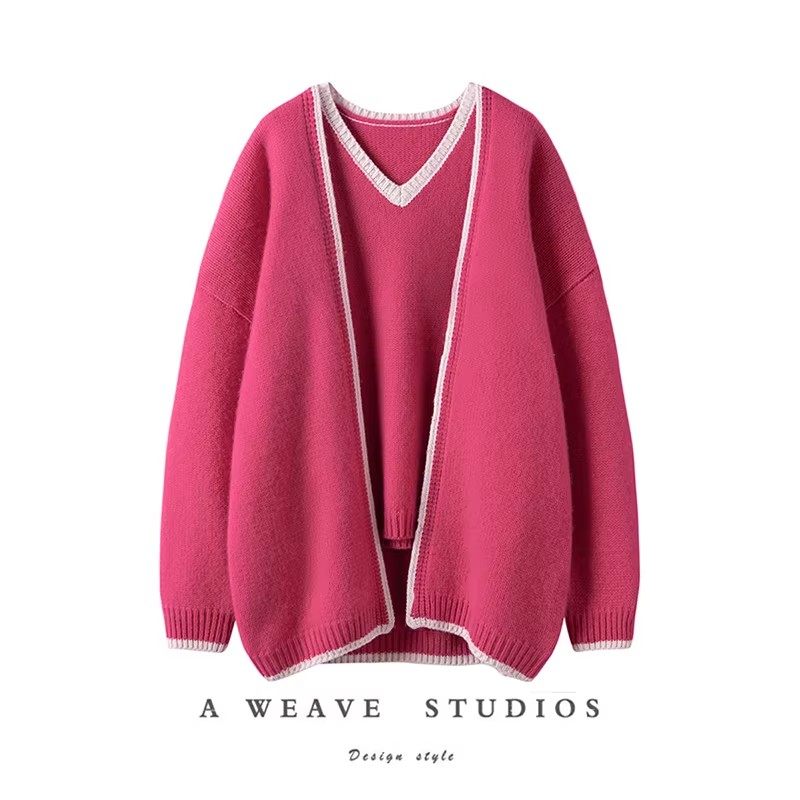 CHAO奢！气质！羊绒开衫女两件套~撞色边粗棒针加厚羊绒背心外套,女装/女士精品,羊绒衫,淘宝优惠券,粉丝福利购,淘宝优惠卷