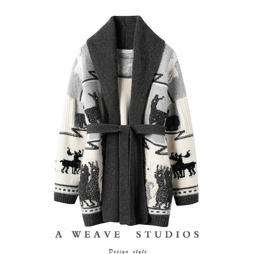 100%山羊绒立体麋鹿提花针织外套