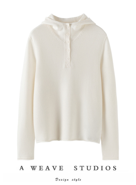 SAQINI超高细度纯羊绒 松弛随性多纽扣半开襟连帽亨利领针织上衣