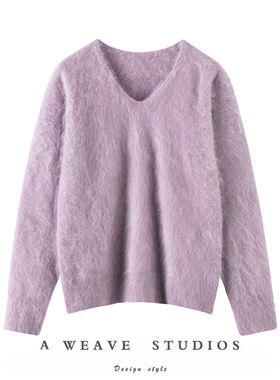 傍晚时分 云雾感拉毛100%山羊绒衫女氛围感拉绒长袖长毛宽松毛衣