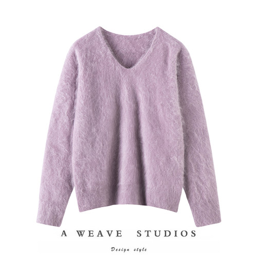 傍晚时分 云雾感拉毛100%山羊绒衫女氛围感拉绒长袖长毛宽松毛衣