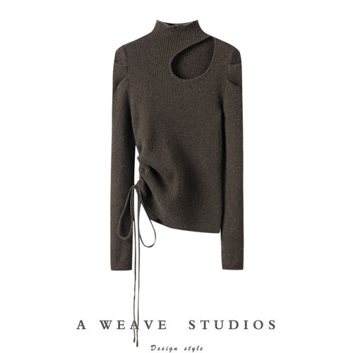 镂空抽绳针织羊绒衫女