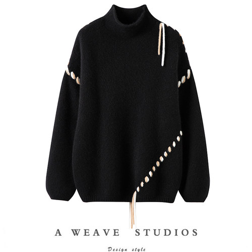 彩绳半高领羊绒衫女加厚