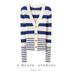 萨琪尼拒绝平庸!复古间色条纹100%纯山羊绒针织开衫女2025新款