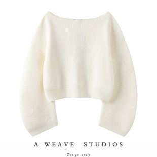 优雅时尚共存~100%纯山羊绒衫女设计感弧形袖一字肩针织毛衣秋冬