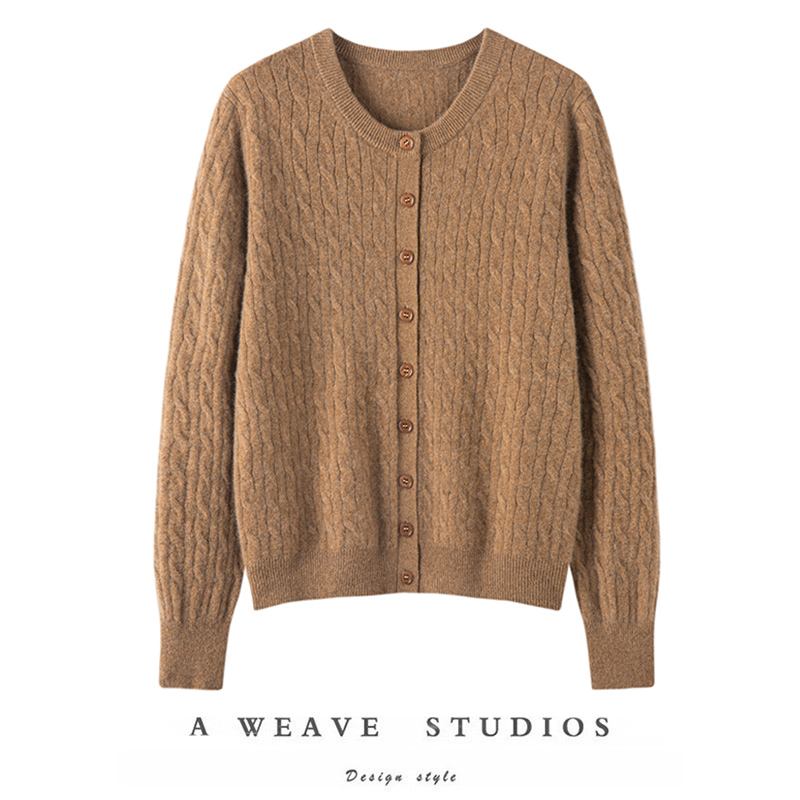 淡雅舒适~2025秋冬新款100%纯羊绒绞花圆领麻花女针织开衫