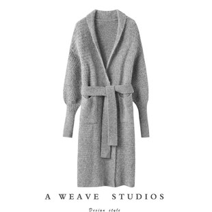 按捺不住ta的美!中长款系带纯山羊绒针织开衫新款羊绒毛衣外套女