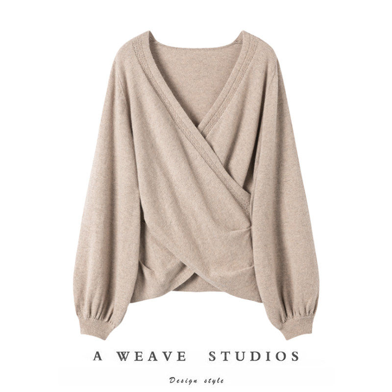艺术感版型~灯笼袖毛衣女2025新款交叉V领长袖气质宽松针织上衣,女装/女士精品,羊绒衫,淘宝优惠券,粉丝福利购,淘宝优惠卷