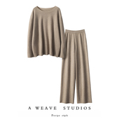 100%纯山羊绒衫 宽松显瘦两件套 套装 女圆领针织毛衣新款 秋冬阔腿裤