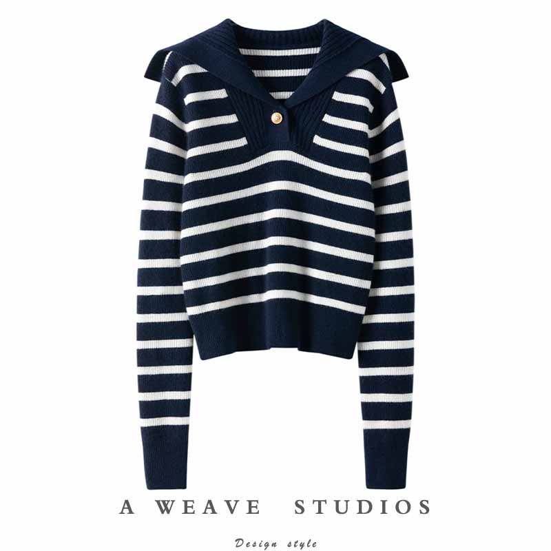 海军领条纹羊绒针织衫