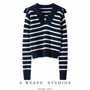 法式慵懒范儿~100%纯羊绒上衣女2025新款海军领条纹羊绒针织衫