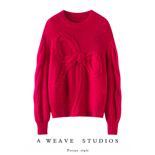 萨琪尼炸街时刻~！100%纯山羊绒蝴蝶结红针织圆领上衣女新年秋冬