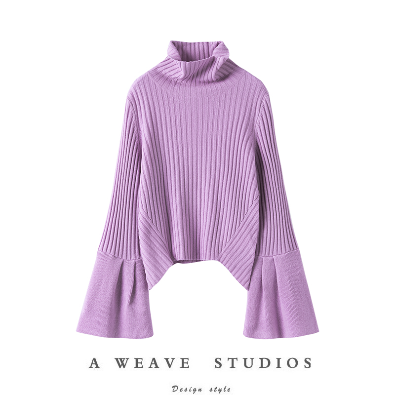 喇叭袖纯山羊绒衫女高领秋冬针织