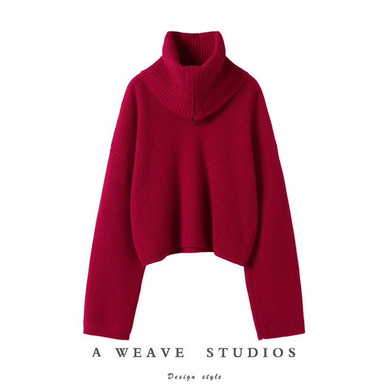 别样舒适感~红色拉链大翻领阔袖粗针羊绒毛衣女2025秋冬季