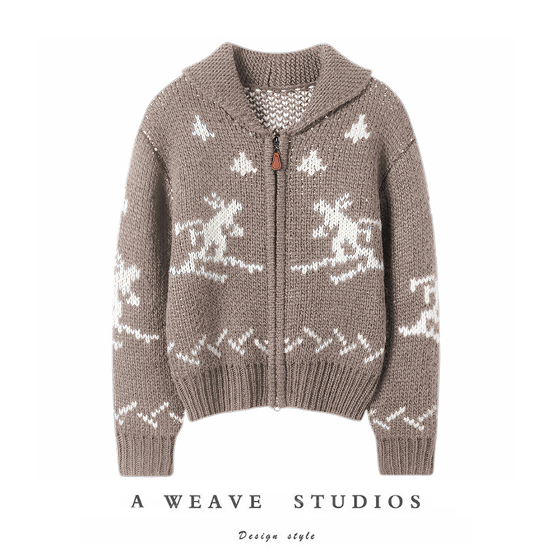 满眼都是美~复古费尔岛100%山羊绒大克重女滑雪图案新年开衫