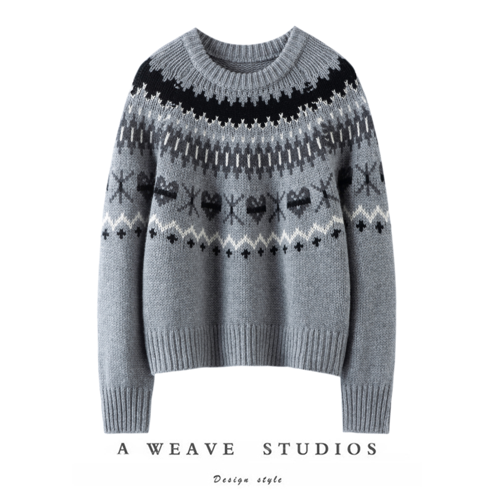 萨琪尼官方〓绒+〓北欧风费尔岛羊绒衫 灰色提花粗针羊绒毛衣女