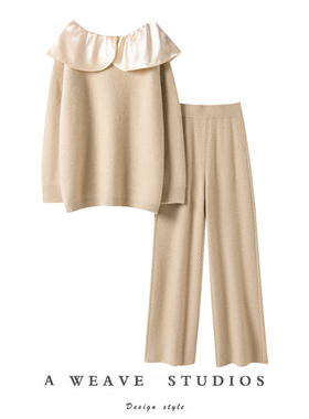 爱到骨子里！加厚绸缎领羊绒衫女一字肩纯羊绒毛衣直筒阔腿裤套装