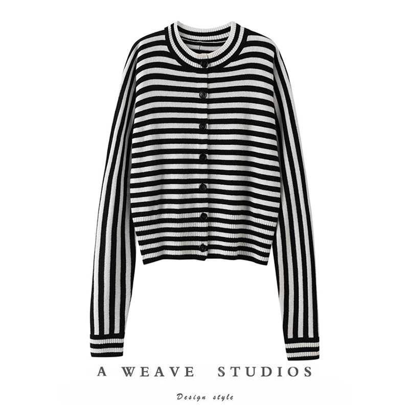 条纹圆领羊绒开衫女纯羊绒毛衣