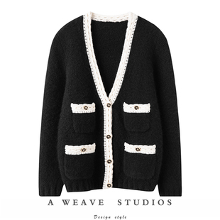 值得入手的新经典！黑白撞色V领针织开衫毛衣女高级感小香风上衣