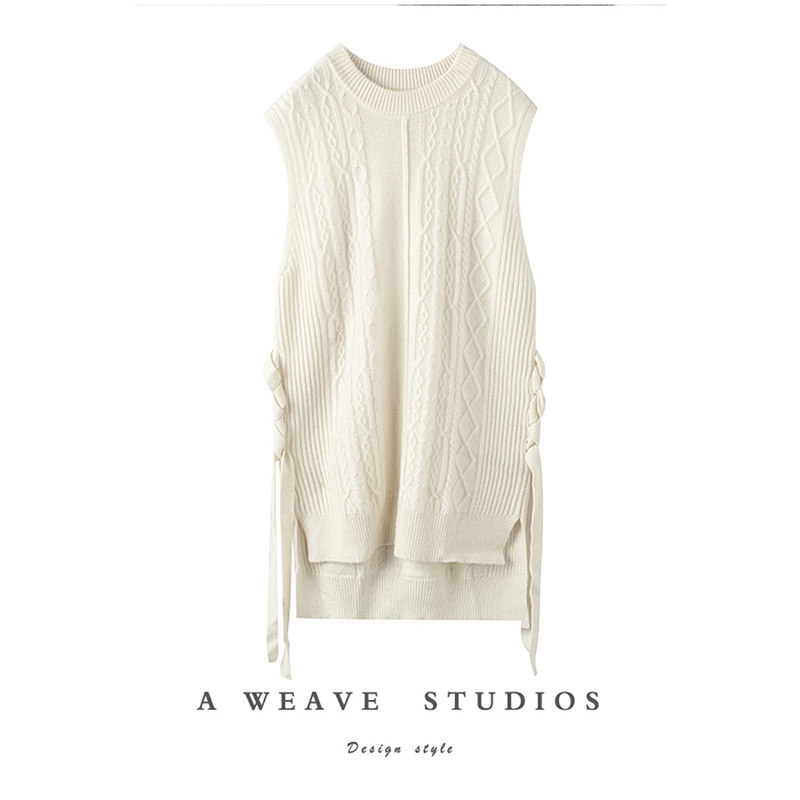 侧边绑带前短后长绞花羊绒背心女纯羊绒衫毛衣马甲加厚