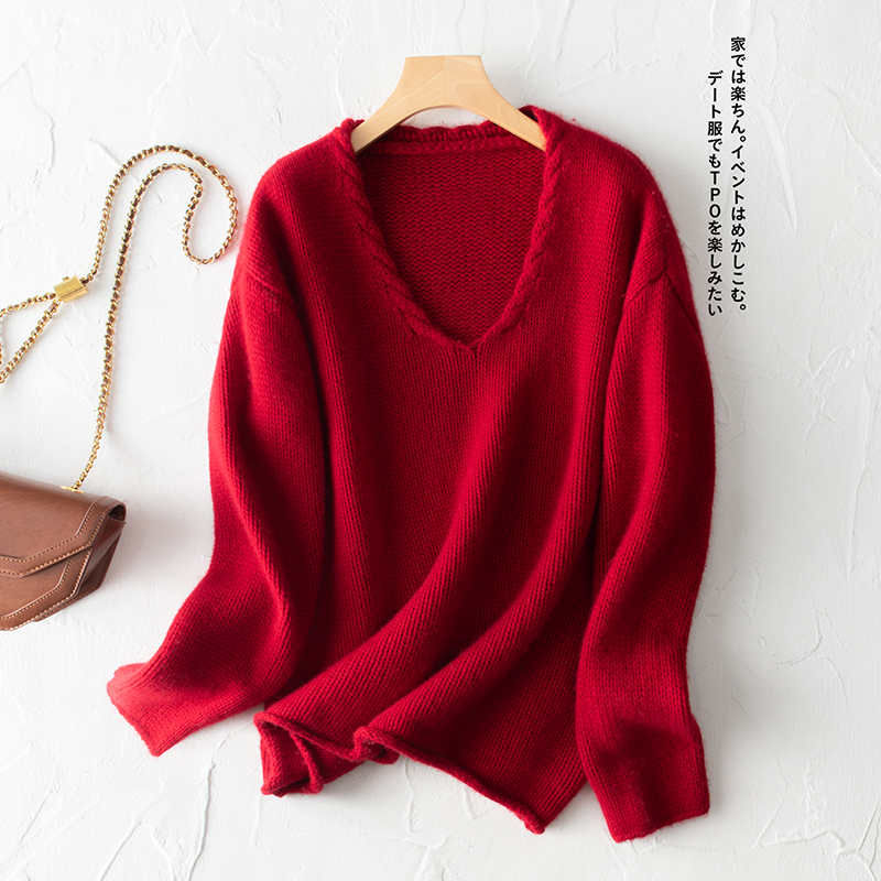 优雅韩系~官方〓绒+〓复古花纱绞花V领粗针羊绒衫毛衣上衣女