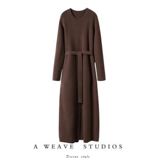 时髦精夸爆 加厚美拉德纯山羊绒过膝长裙气质毛衣连衣裙系带 长款