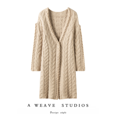 重磅重工高奢~ 羊绒开衫女100纯山羊绒v领加厚大衣长款针织外套