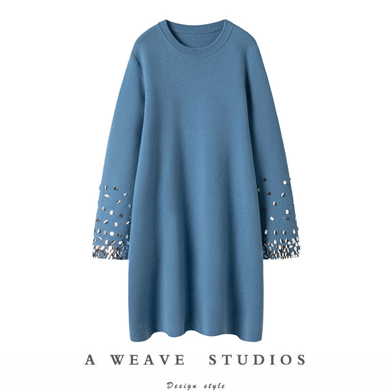 不同凡响~“奢华感日常”100%纯山羊绒手工珠片廓形针织连衣裙女