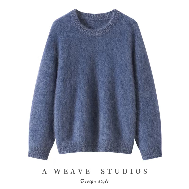 唯美的蓝~100%纯山羊绒衫女圆领拉绒花纱马鞍肩针织衫宽松毛衣