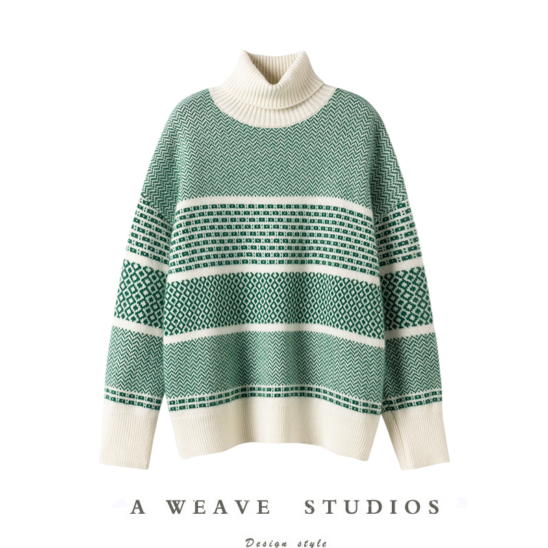 秋冬新款高领加厚拼色提花