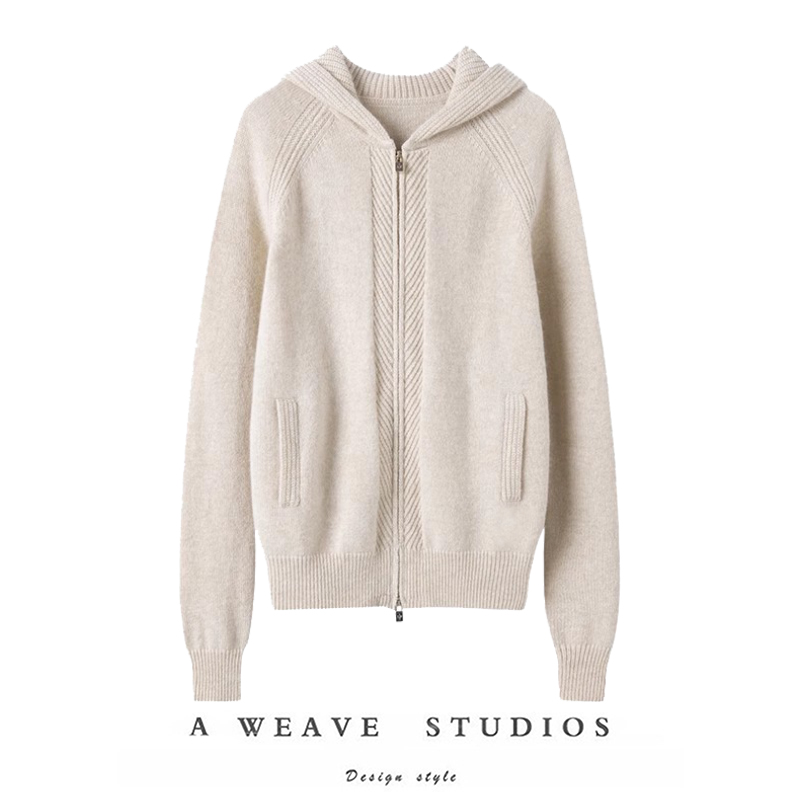 纯羊绒连帽长袖针织开衫女