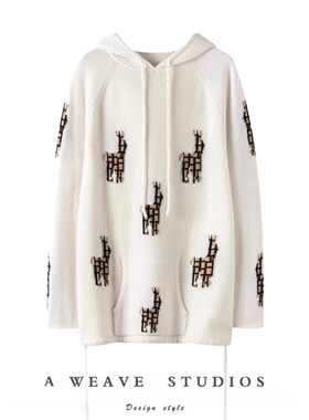 回头率爆表~加厚连帽羊绒衫女中长款纯羊绒毛衣宽松帽衫冬