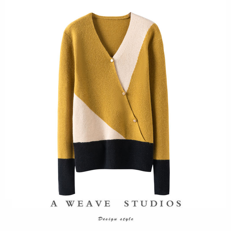 轻艺术调性！几何拼色斜边金扣交叉羊绒衫女纯羊绒毛衣针织衫加厚,女装/女士精品,羊绒衫,淘宝优惠券,粉丝福利购,淘宝优惠卷
