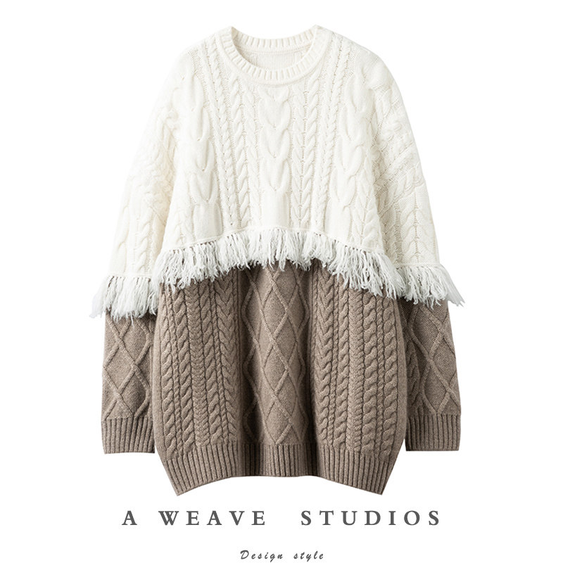 心动瞬间！白咖拼色流苏麻花羊绒衫女圆领纯羊绒毛衣宽松白咖拼色,女装/女士精品,羊绒衫,淘宝优惠券,粉丝福利购,淘宝优惠卷