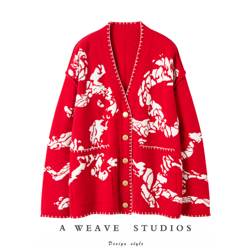 V领红色提花加厚针织毛衣外套