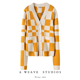 女 毛衣开衫 苍天 也太好看了棋盘格100%纯山羊绒外套女2025春新款