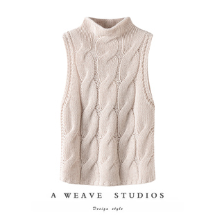 慵懒高级感 毛衣 100%纯山羊绒粗针麻花高领背心坎肩女宽松无袖