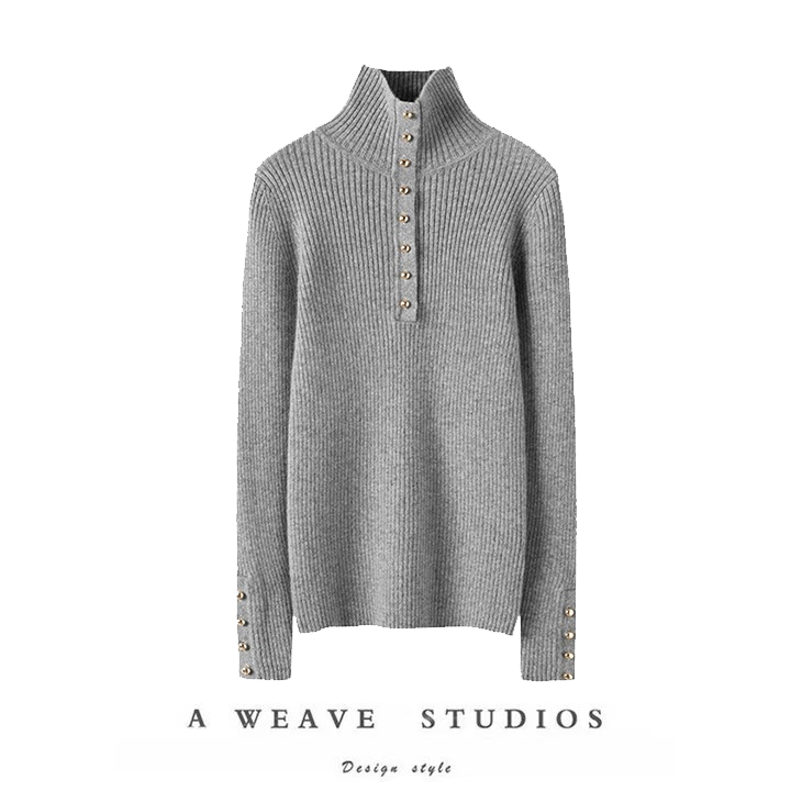 金扣高领弹力修身羊绒衫