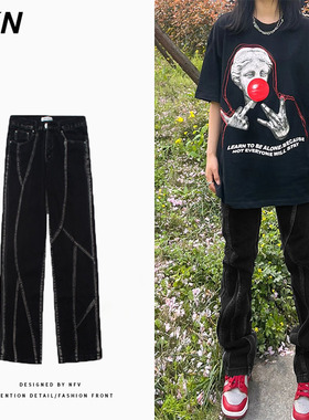 hiphop高街风黑色牛仔裤女oversize夏季新款设计感小众高腰阔腿裤
