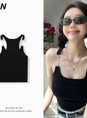 辣妹风性感黑色小吊带背心女夏季新款网红别致设计感修身打底上衣