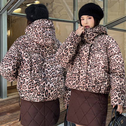 豹纹连帽棉服女短款加厚面包服时尚小个子棉衣外套