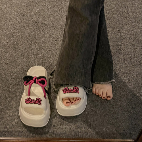 厚底时尚蝴蝶结绑带一字拖鞋女