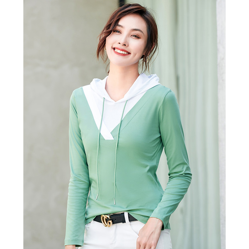 春秋女丝光棉连帽长袖卫衣T恤假两件韩版修身显瘦学生棒球服体恤