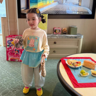 套装 韩国童装 2026女童兔子卡通T恤条纹裤 夏款 外贸 女童套装
