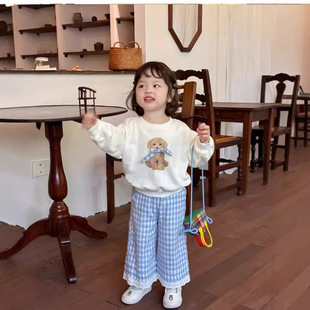 韩国童装女童网红套装秋装2025新款儿童可爱风卡通卫衣格子直筒裤