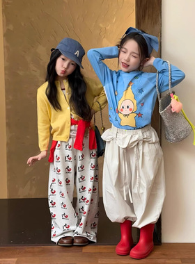韩国童装26春夏款儿童纯色毛衣开衫卡通休闲卫裤女童ins风阔腿裤