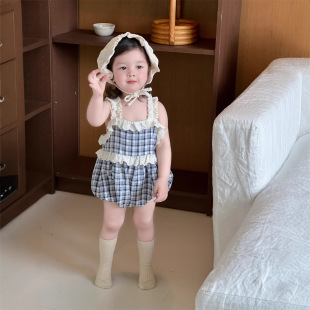 女童背带连体衣夏款 婴儿衣服夏季 童装 哈衣韩版 宝宝格子包屁衣 薄款